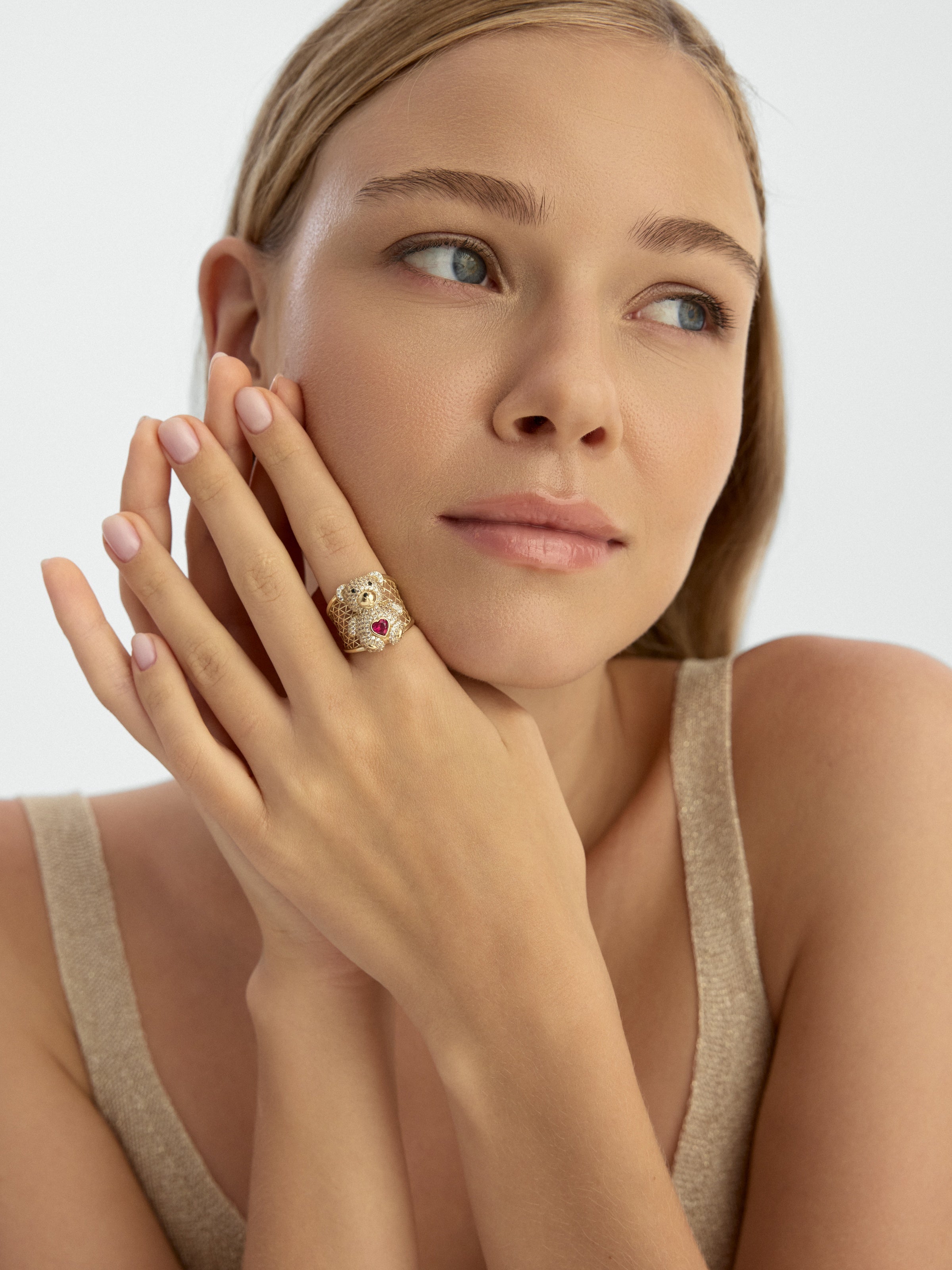 Teddy Bear Heart Stone Ring in 14K Gold