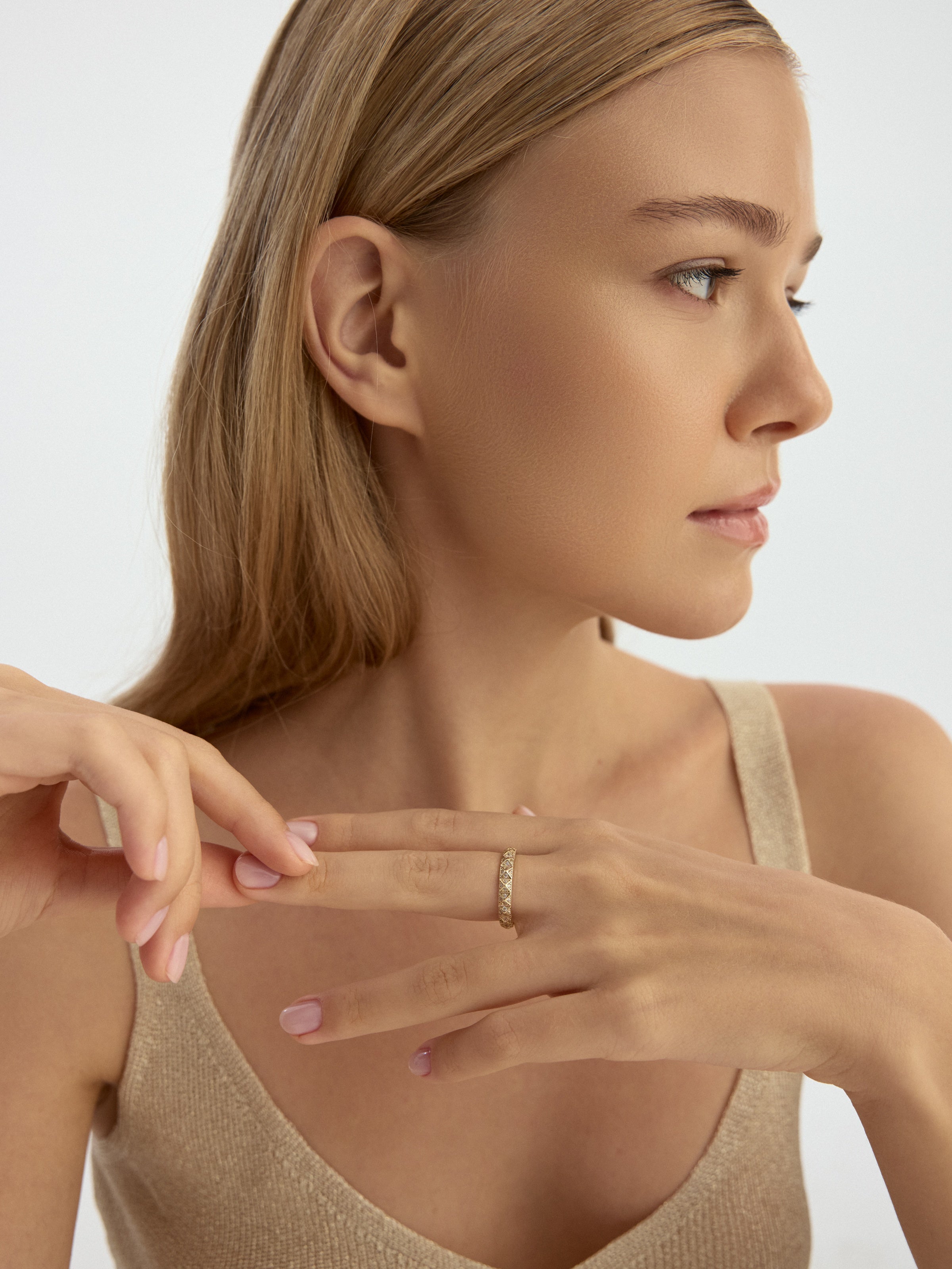Geometric Motif Diamond-Inspired Ring in 14K Gold