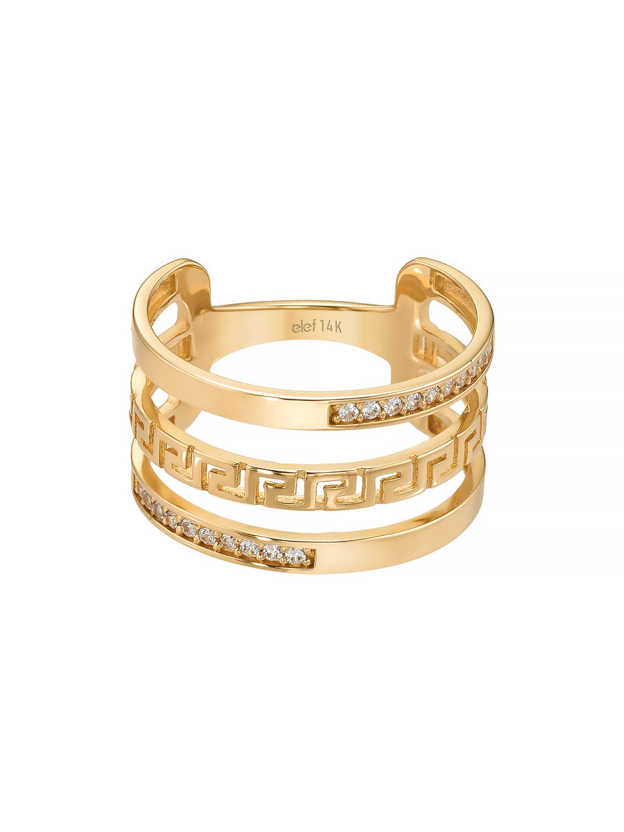 Grek Patterned Stone-Set Ring in 14K Gold