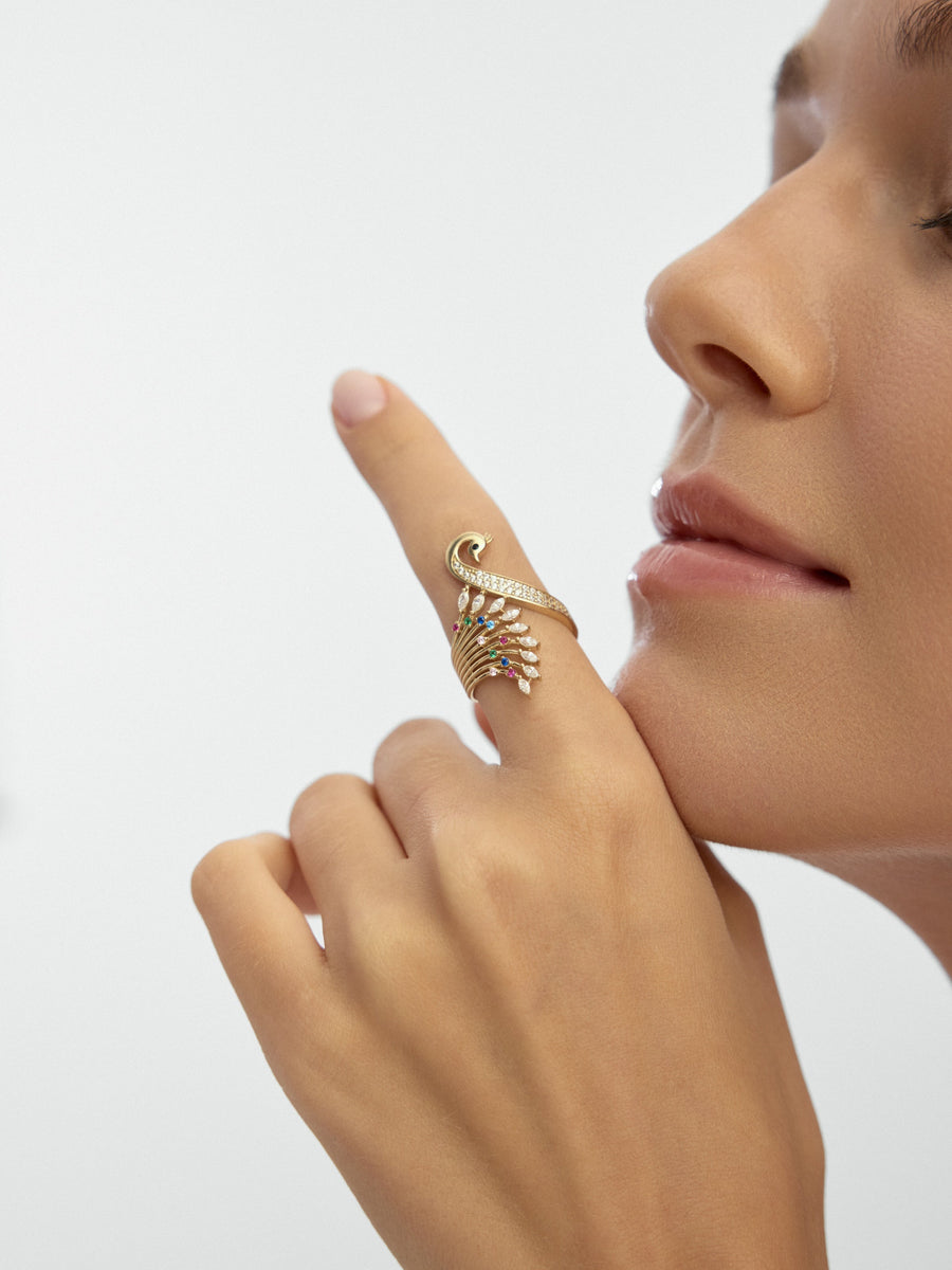 Pavé Stone Peacock Bird Ring in 14K Gold