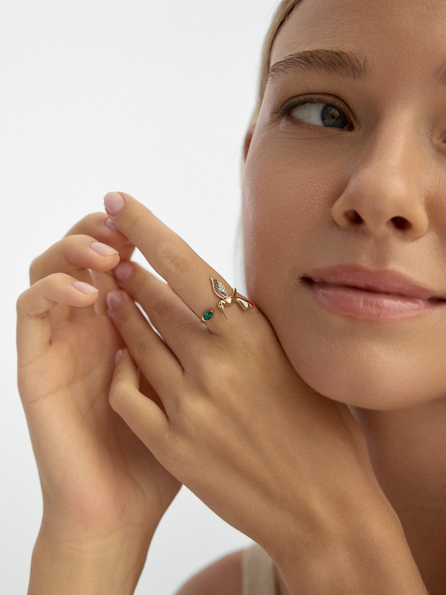 Bird Green Stone Ring in 14K Gold