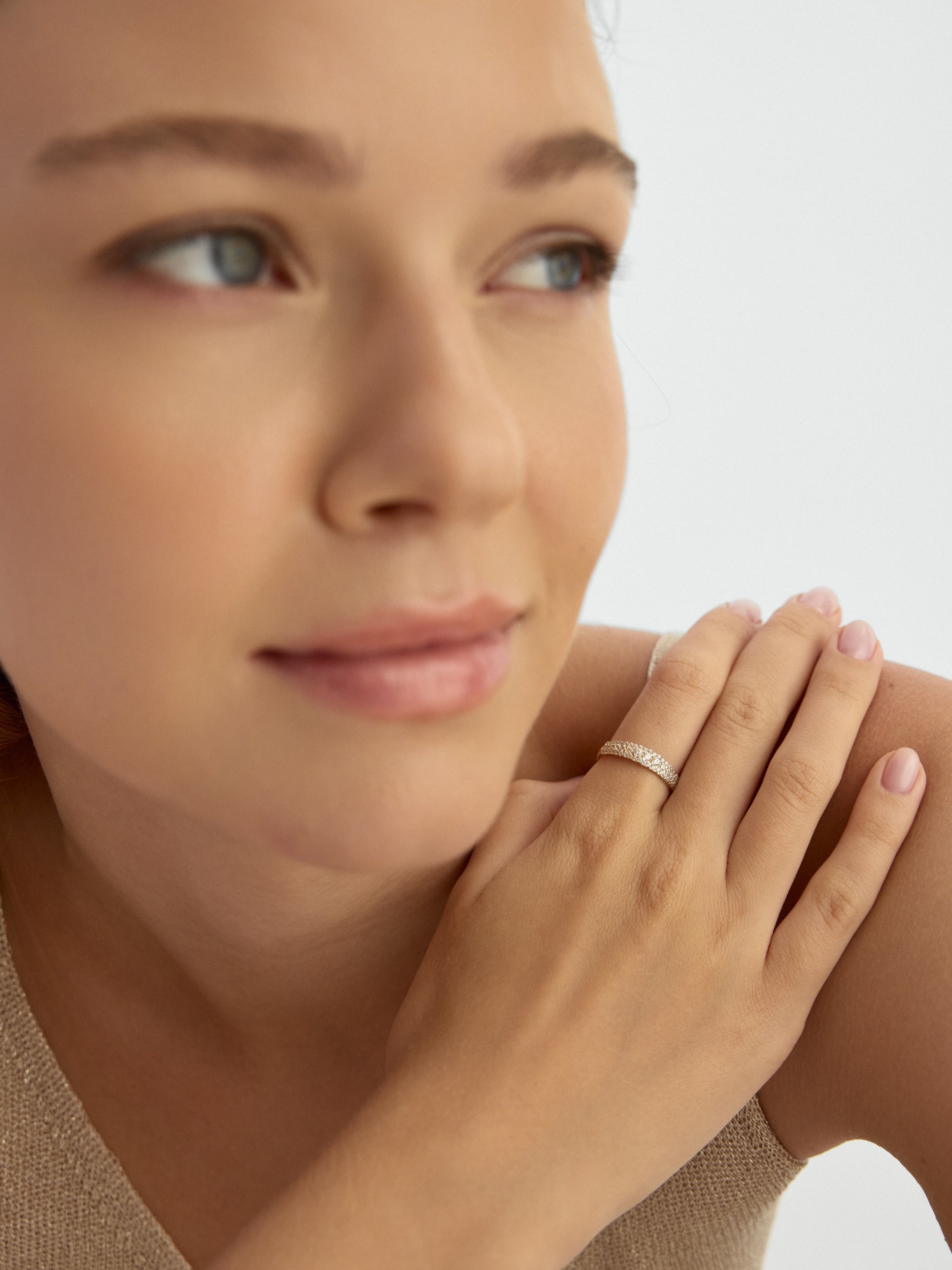 Three Row Zircon Stone Classic Ring in 14K Gold