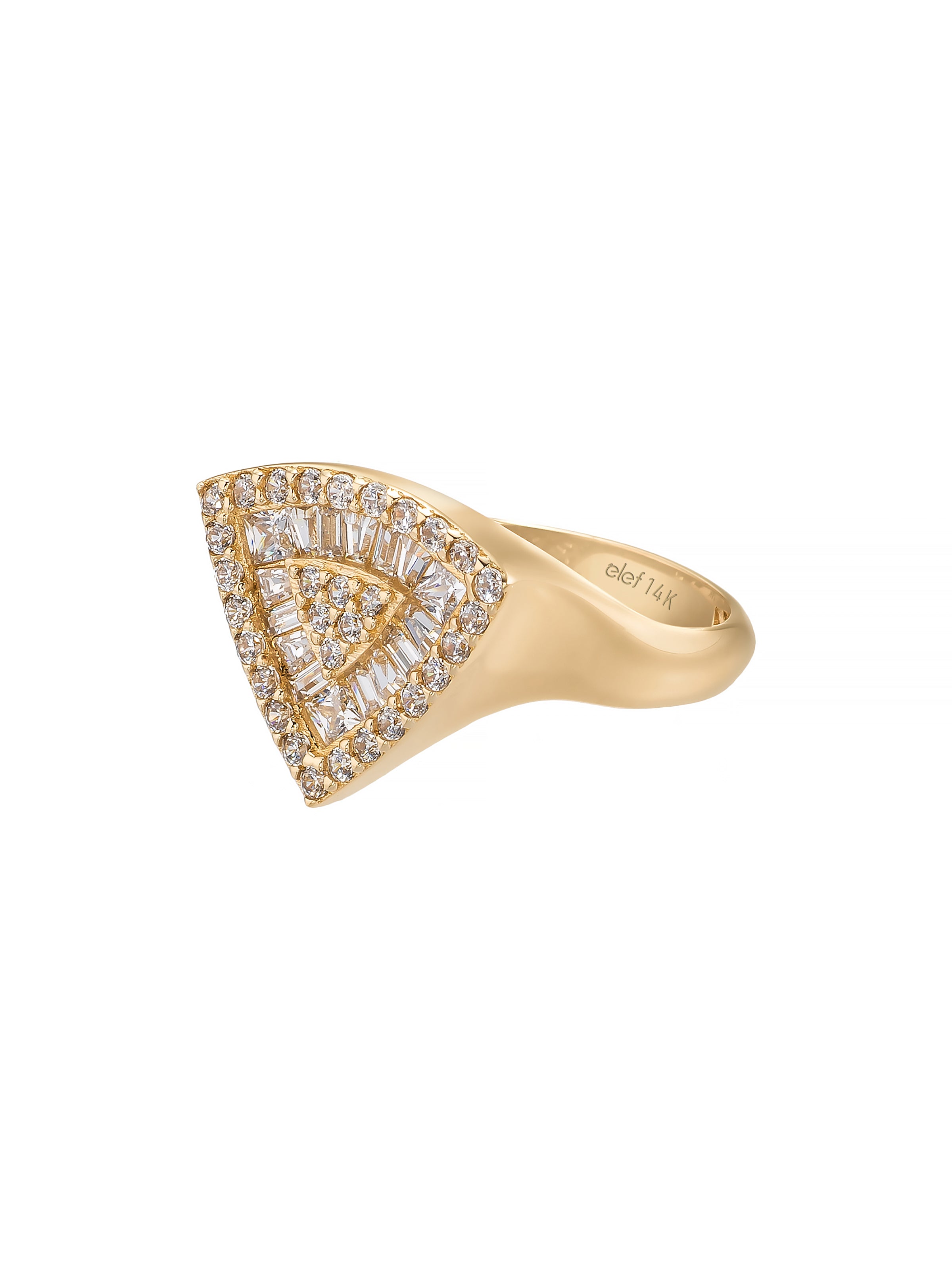 Triangle Form Baguette & Round-Cut Stone Ring in 14K Gold