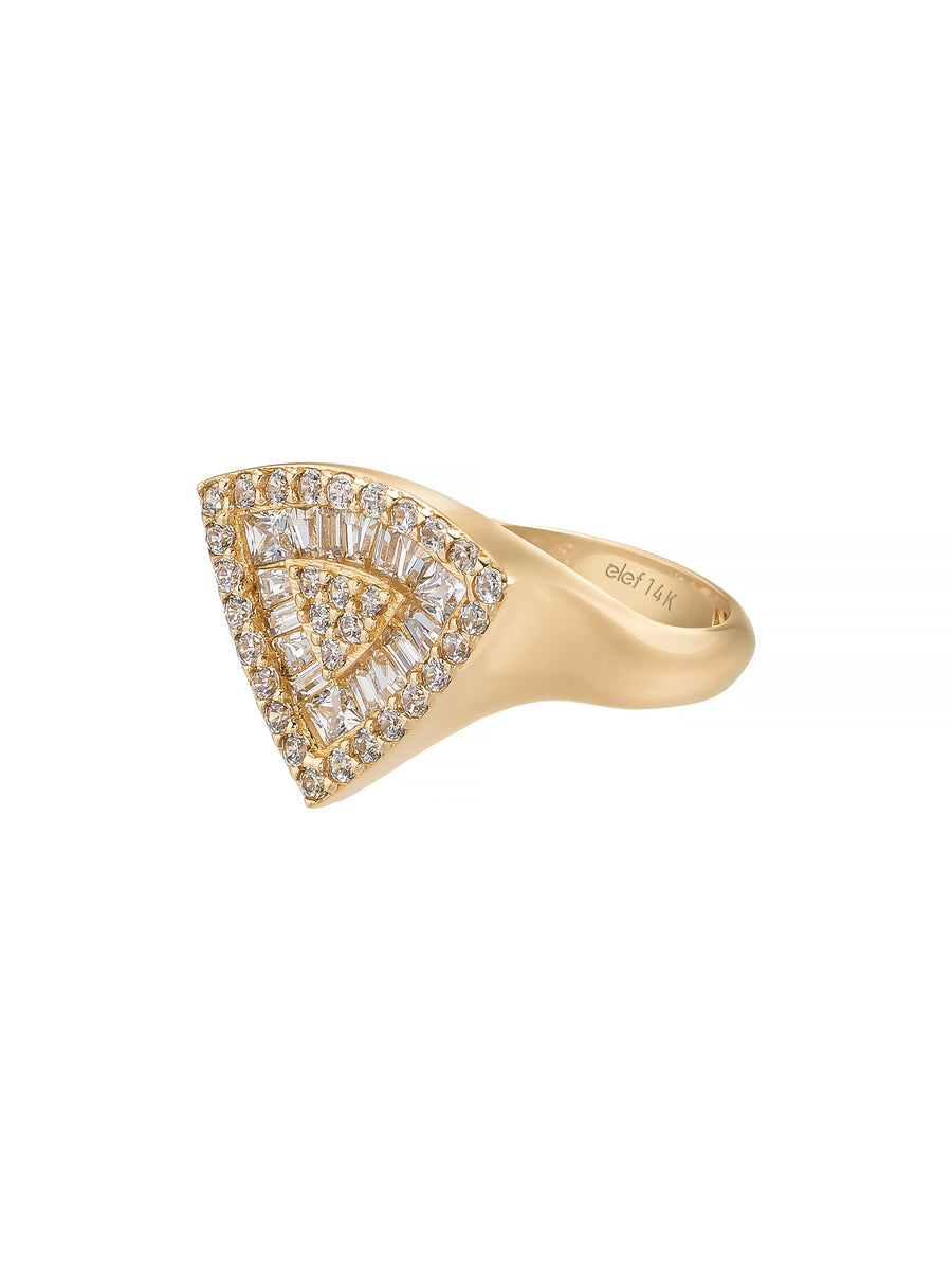 Triangle Form Baguette & Round-Cut Stone Ring in 14K Gold