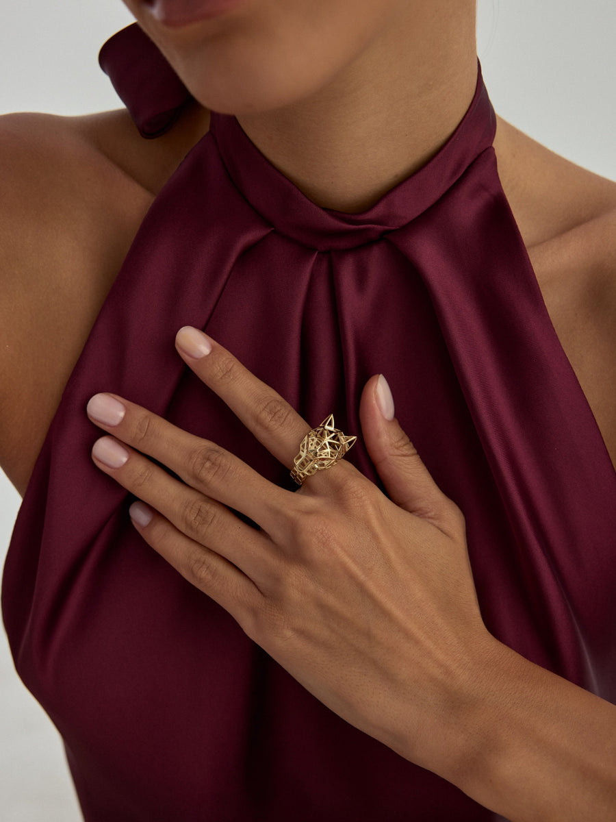 Geometric Panther Form Ring in 14K Gold