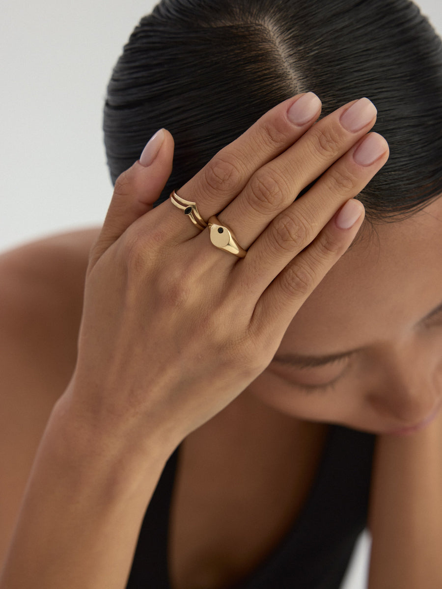 Black Marquise Stone Geometric Ring in 14K Gold