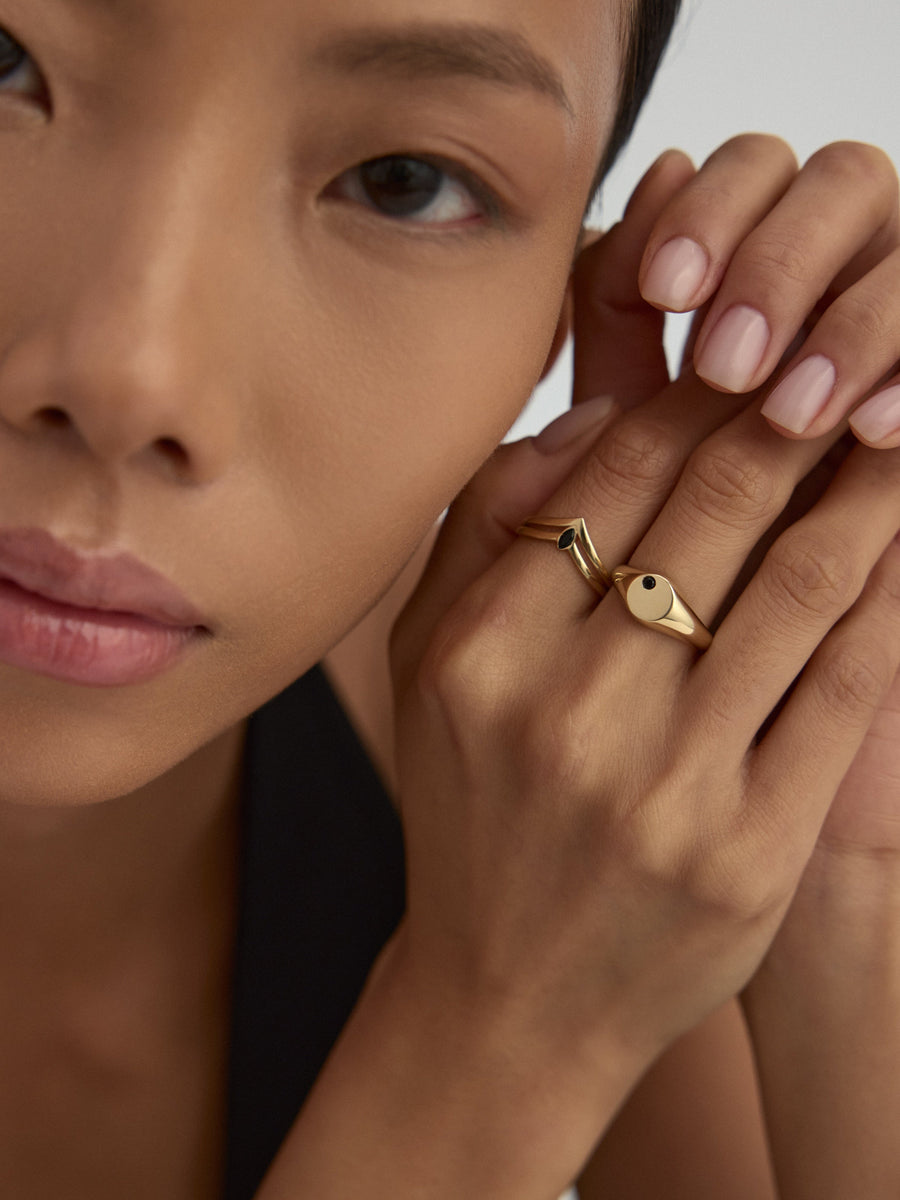 Black Marquise Stone Geometric Ring in 14K Gold