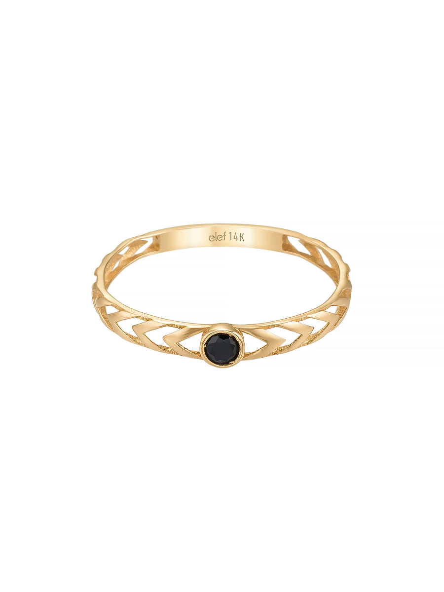 Black Stone Chevron Patterned Ring in 14K Gold