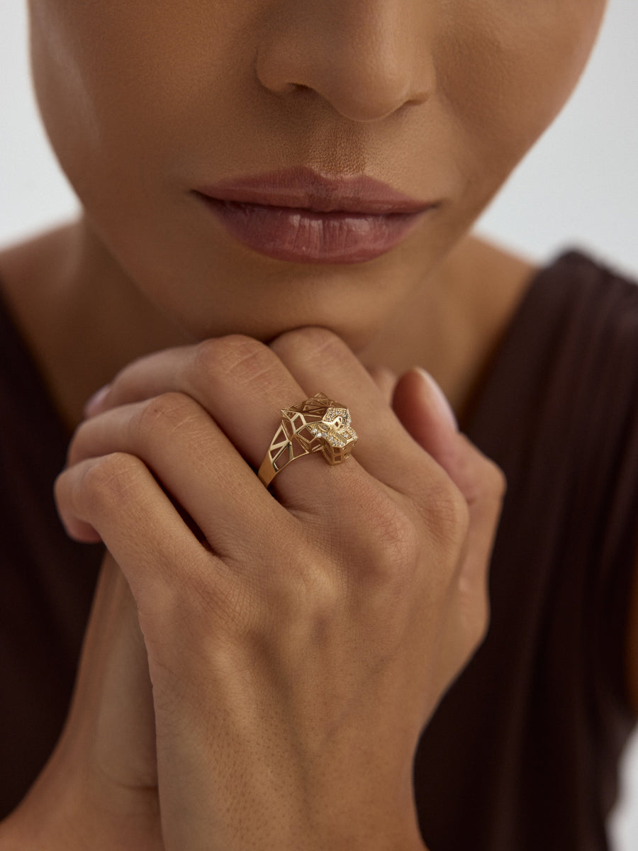 Geometric Panther Ring in 14K Gold