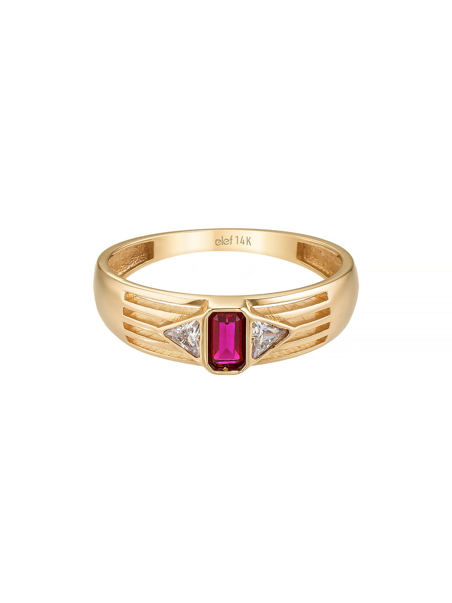 Baguette Granat & Trio Stone Ring in 14K Gold
