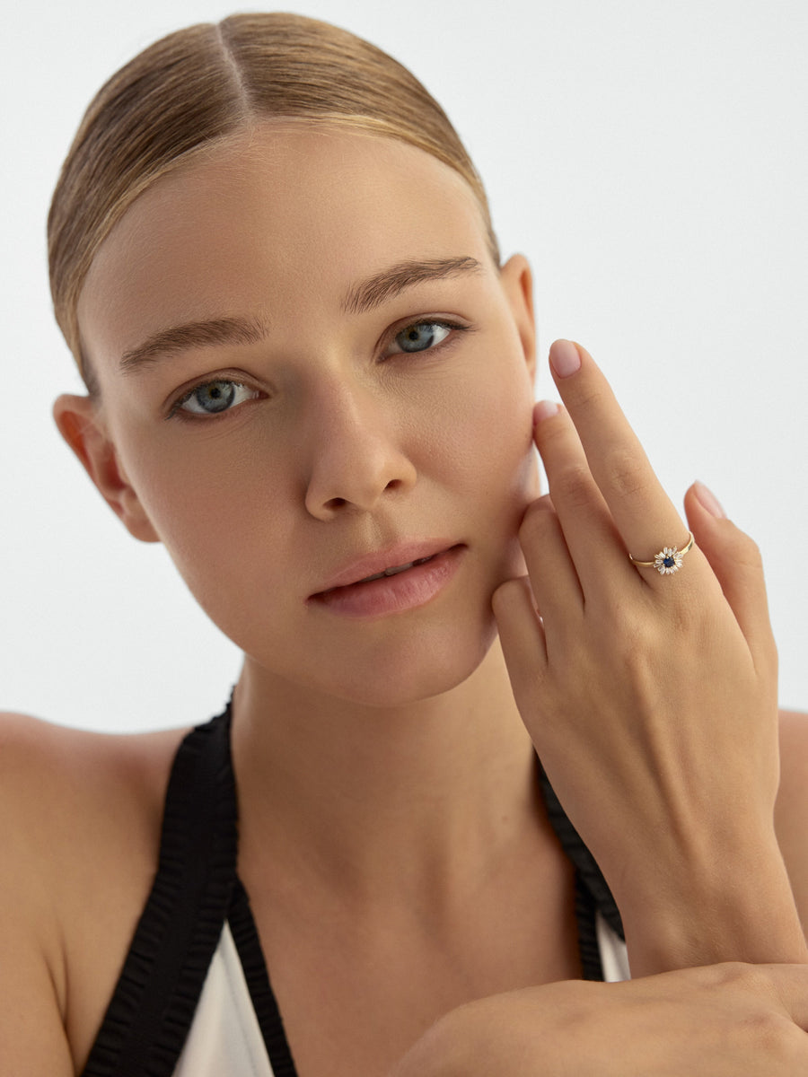 Baguette Sparkling Sapphire-Inspired Stone Ring in 14K Gold