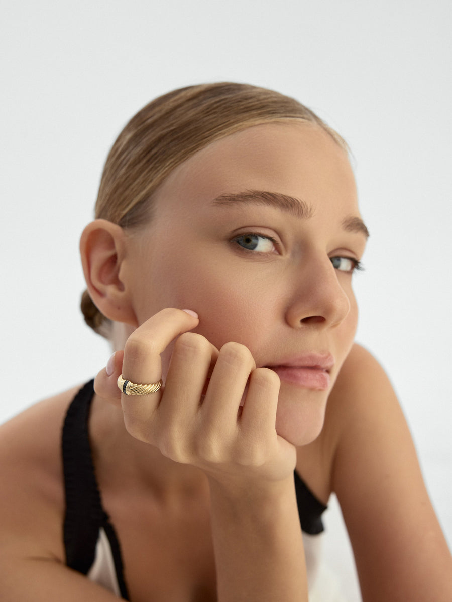 Square Black Stone Corded Form Ring in 14K Gold