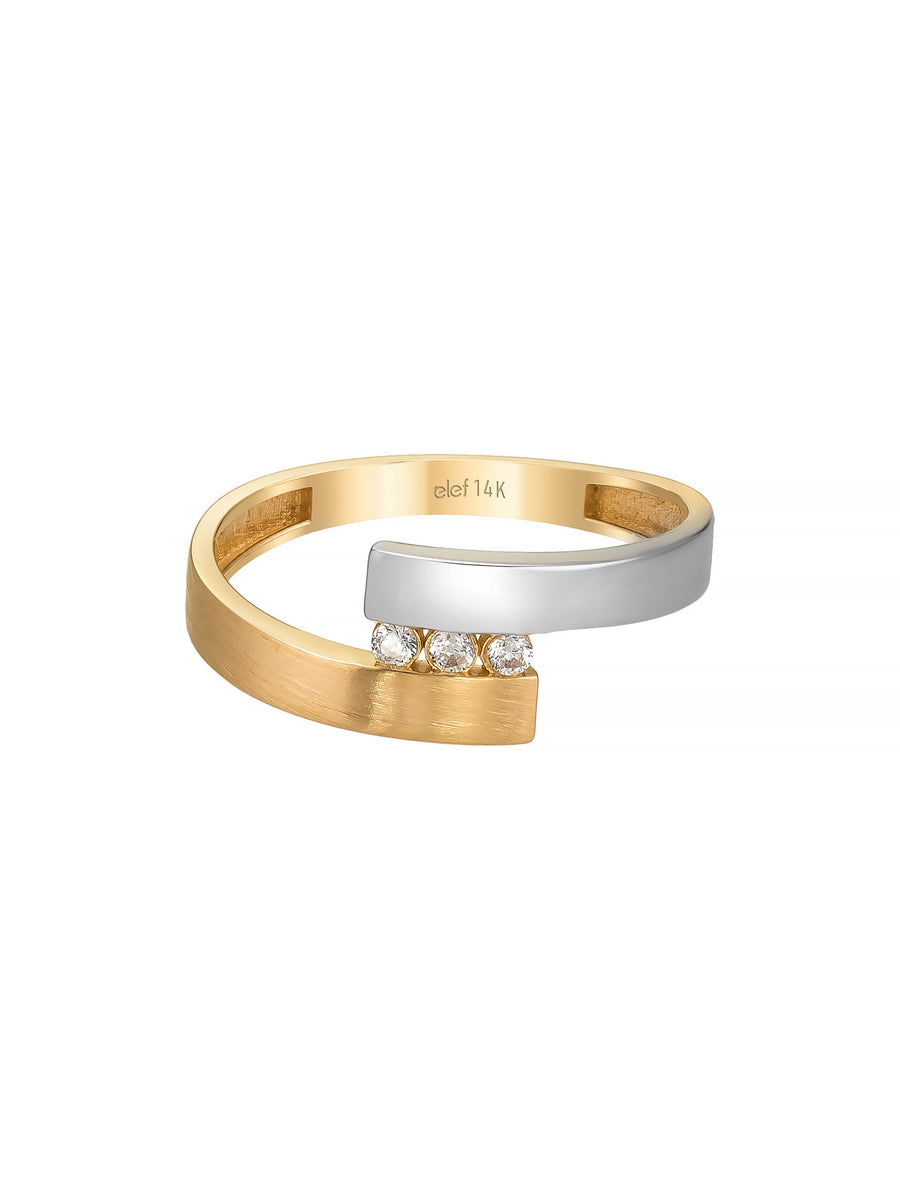 Three Stone Modern Two Color Ring in 14K Gold