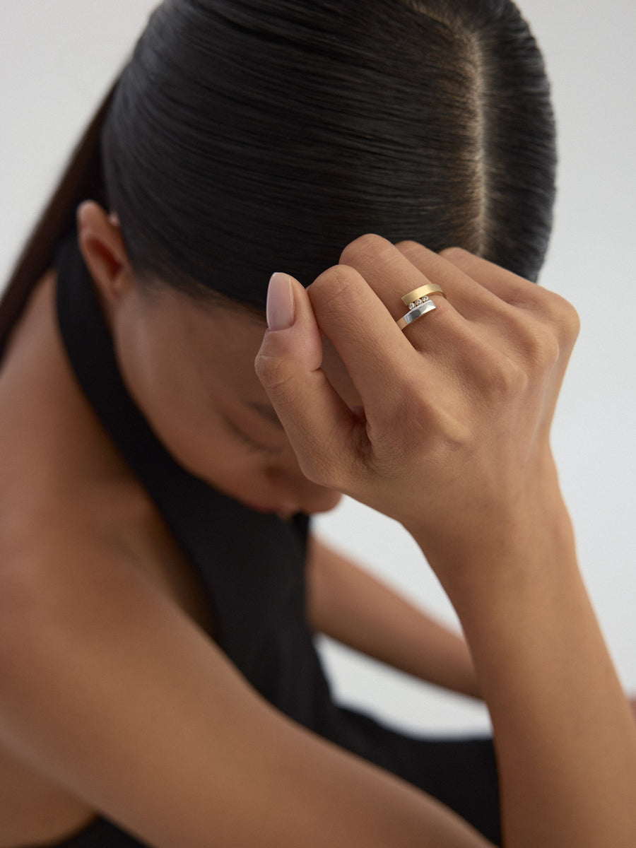 Three Stone Modern Two Color Ring in 14K Gold