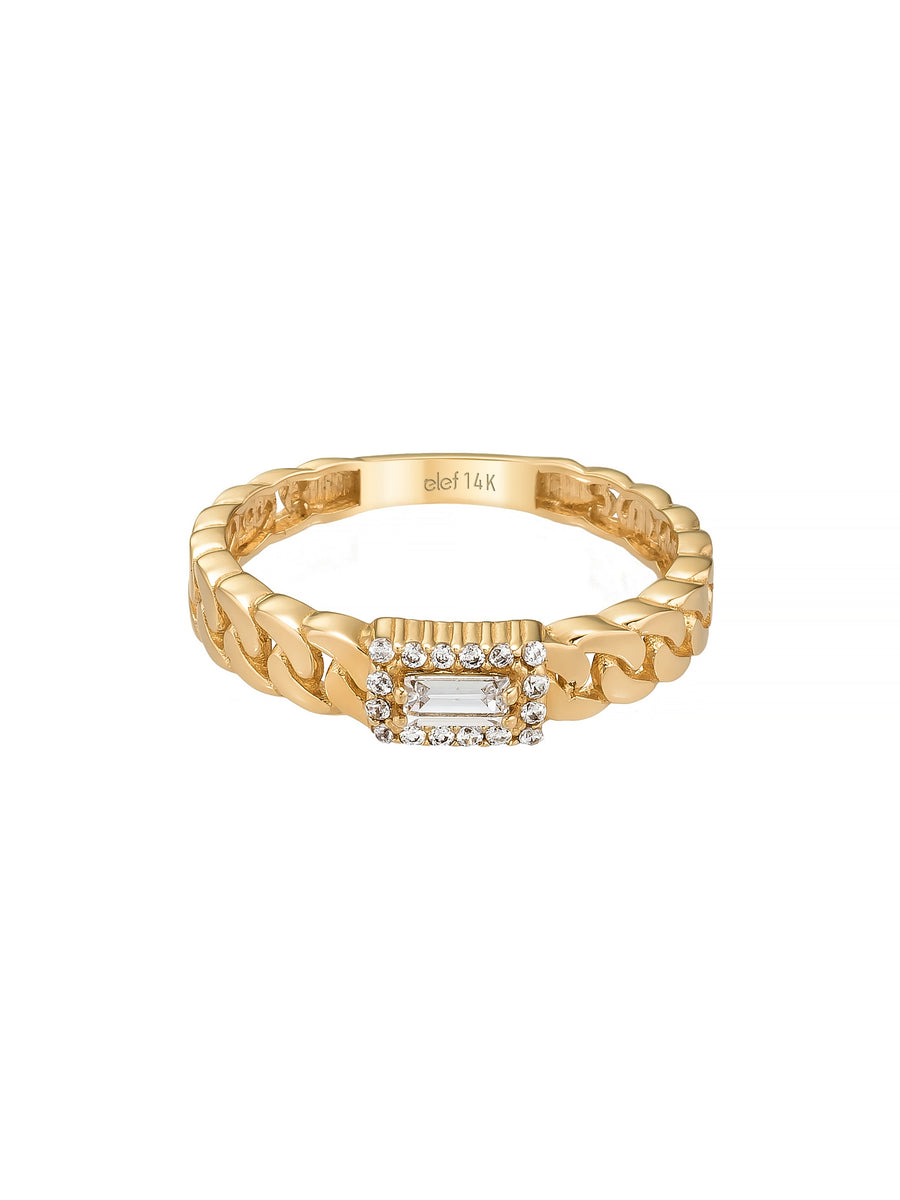 Baguette Stone Gourmette Chain Ring in 14K Gold