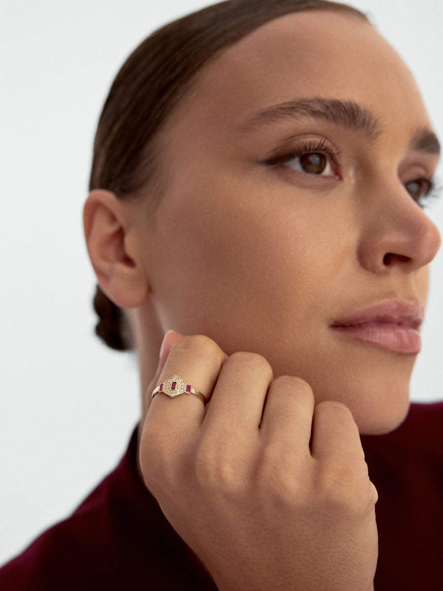 Baguette Ruby-Inspired Stone Geometric Ring in 14K Gold