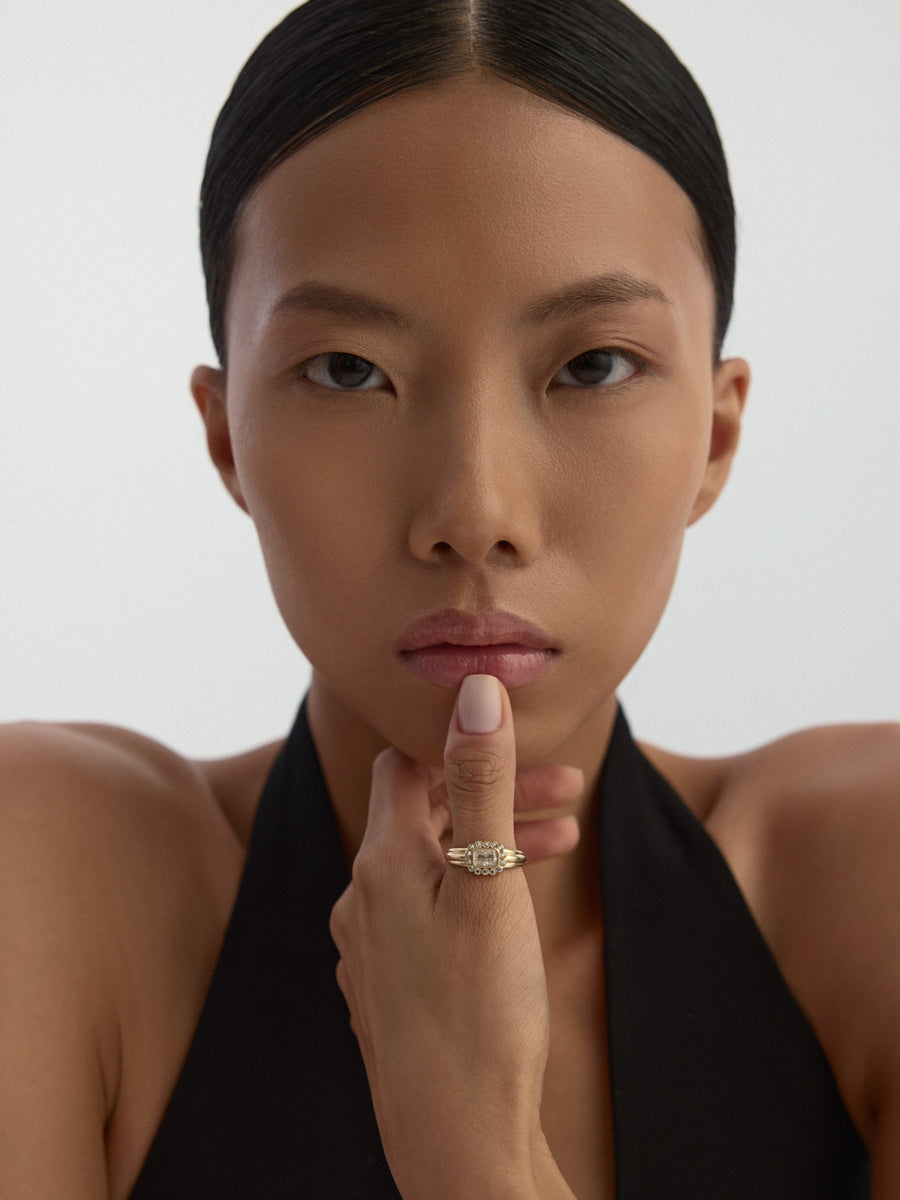 Baguette Stone Halo Ring in 14K Gold