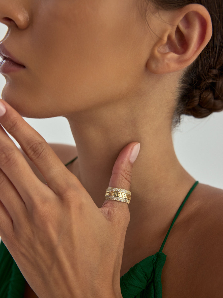 Greek Patterned Stone-Set Ring in 14K Gold