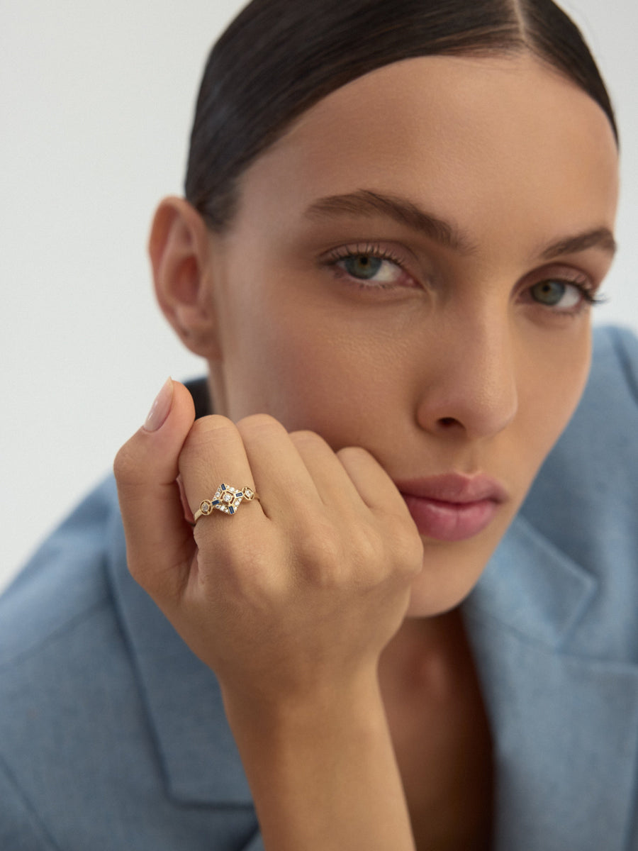 Sapphire-Inspired Baguette & Round-Cut Stone Geometric Ring in 14K Gold