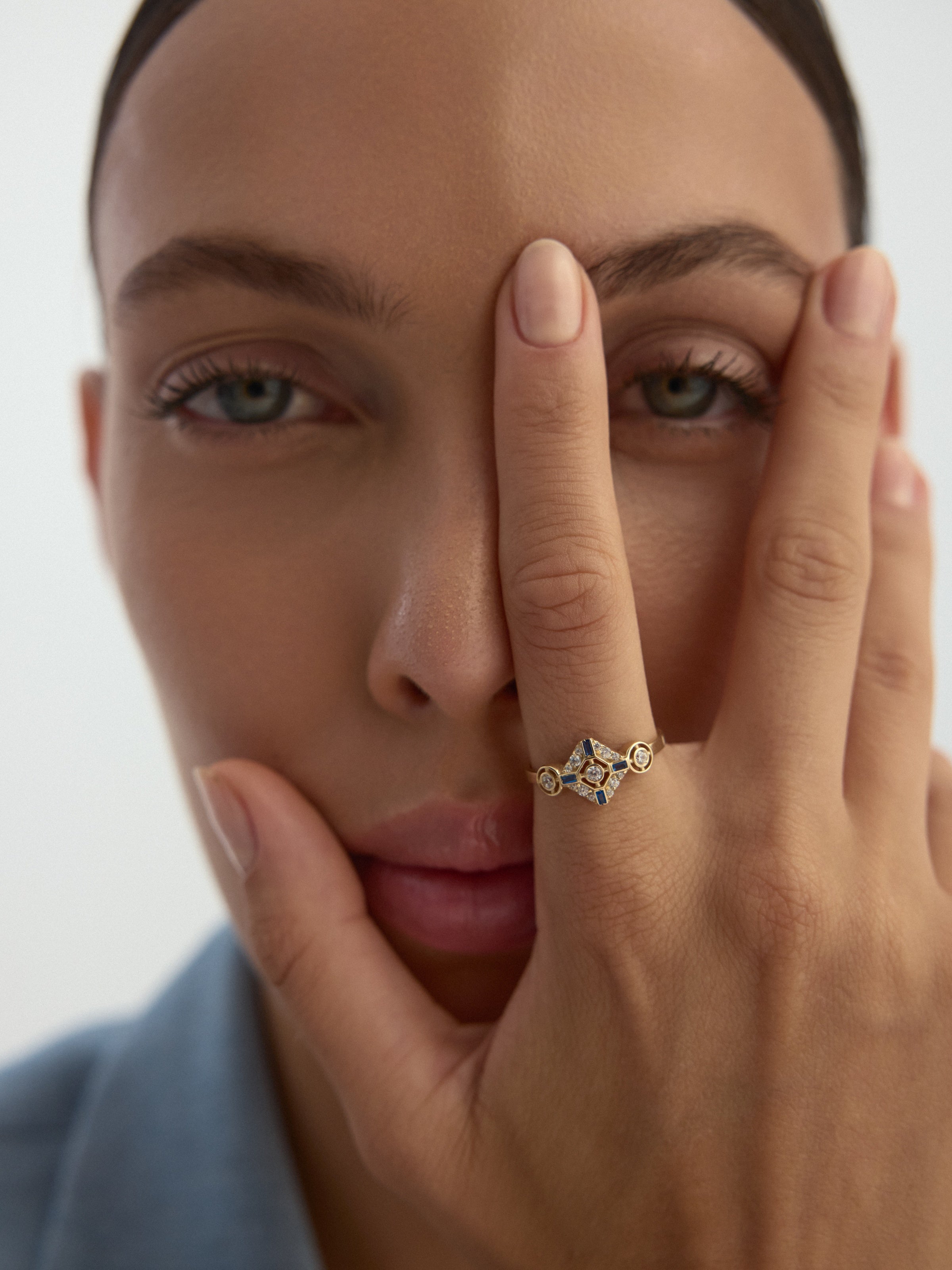 Sapphire-Inspired Baguette & Round-Cut Stone Geometric Ring in 14K Gold
