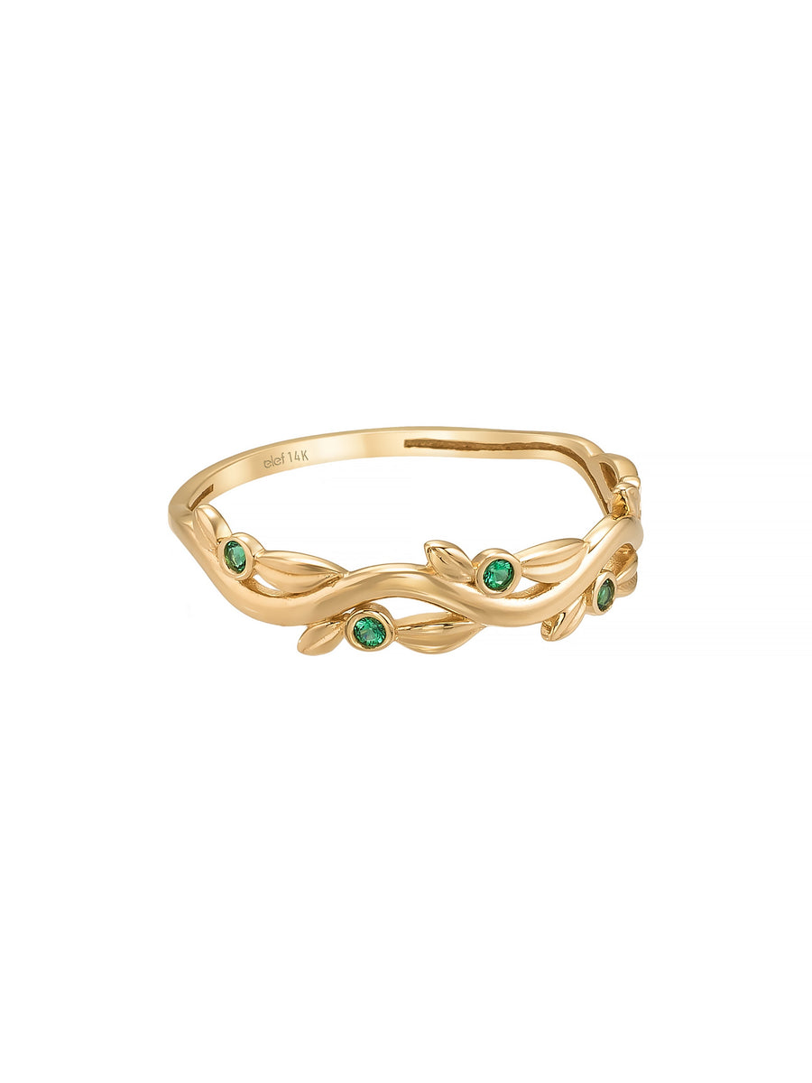 Leaf Motif Emerald Green Stone Ring in 14K Gold