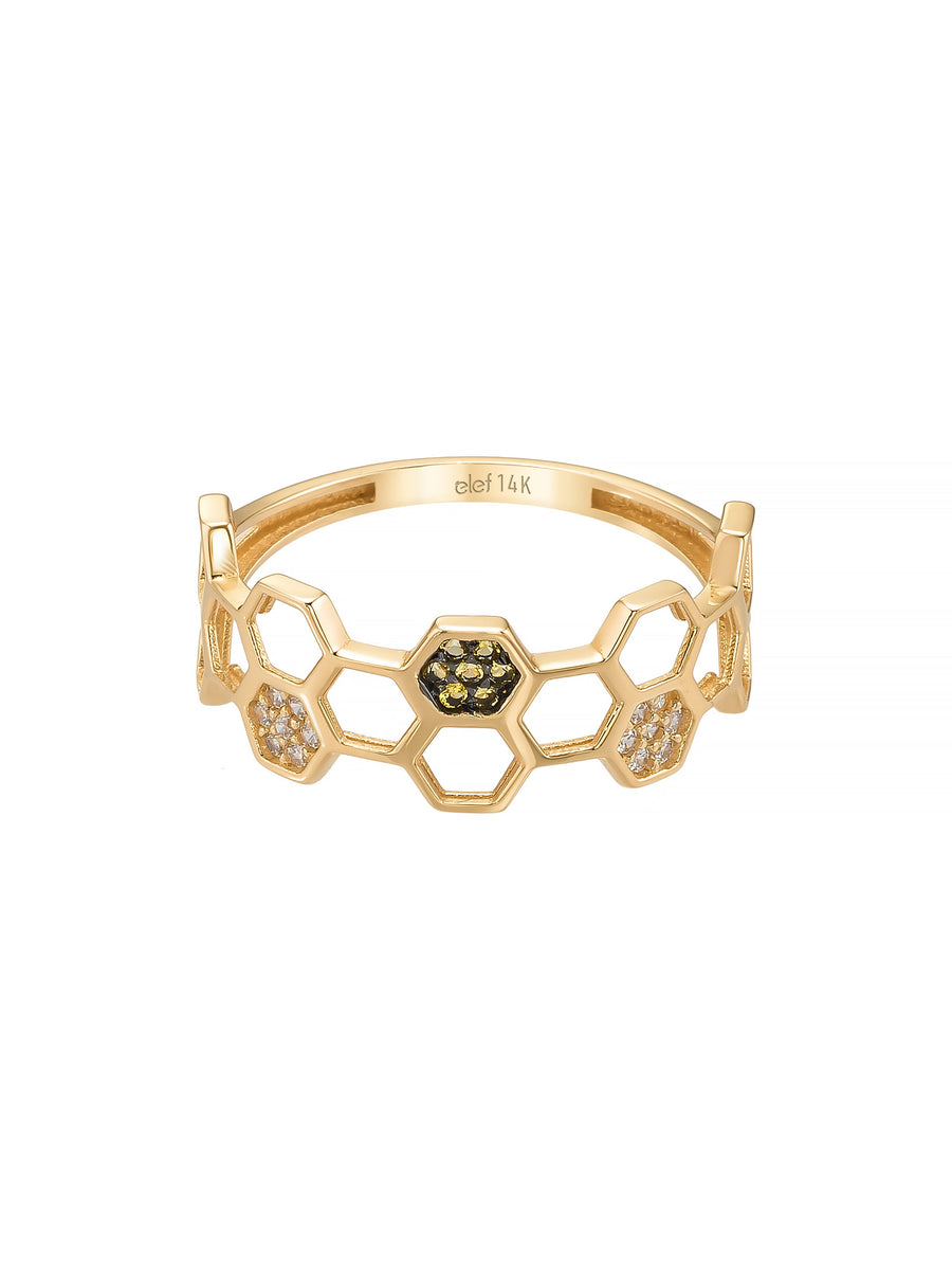 Honeycomb Form Stone Ornamented Ring in 14K Gold