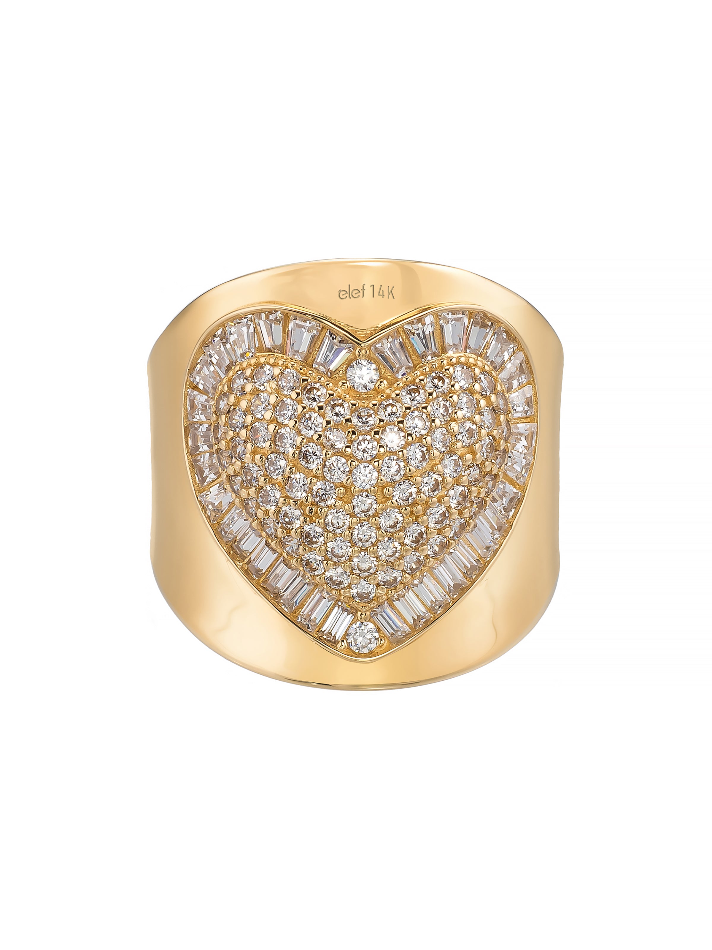 Baguette & Round-Cut Stone Heart Motif Ring in 14K Gold