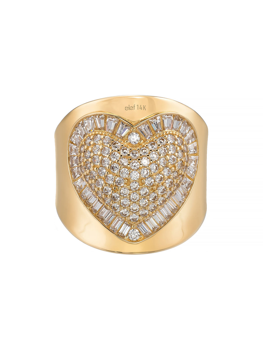 Baguette & Round-Cut Stone Heart Motif Ring in 14K Gold