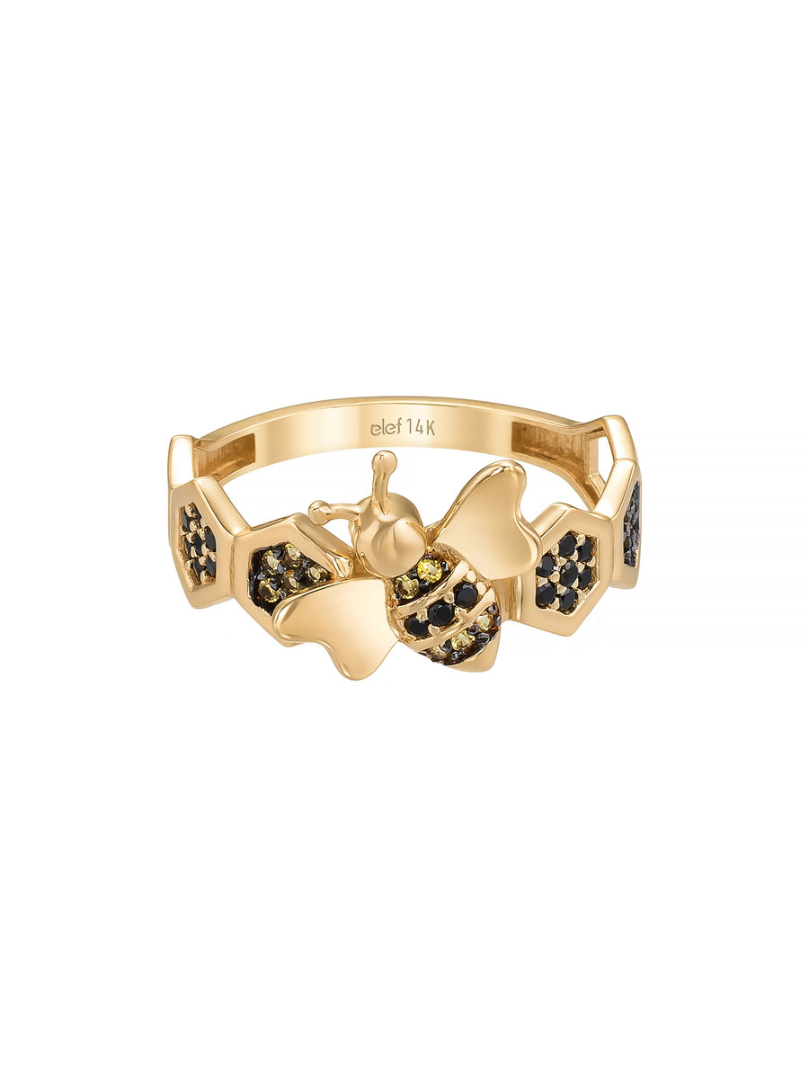 Bee Motif Honeycomb Ring in 14K Gold