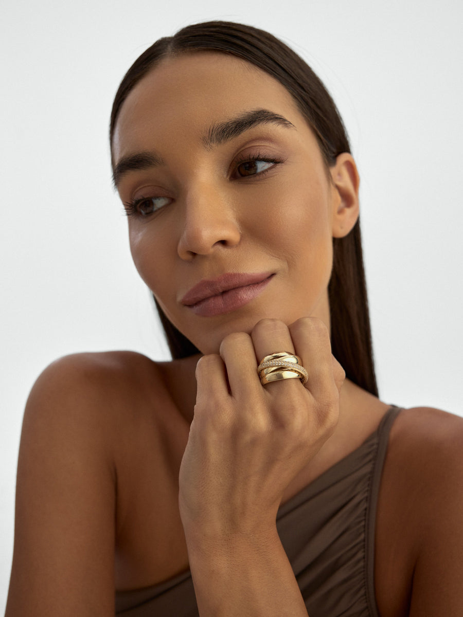 Three Row Flat Bir Stone-Set Ring in 14K Gold