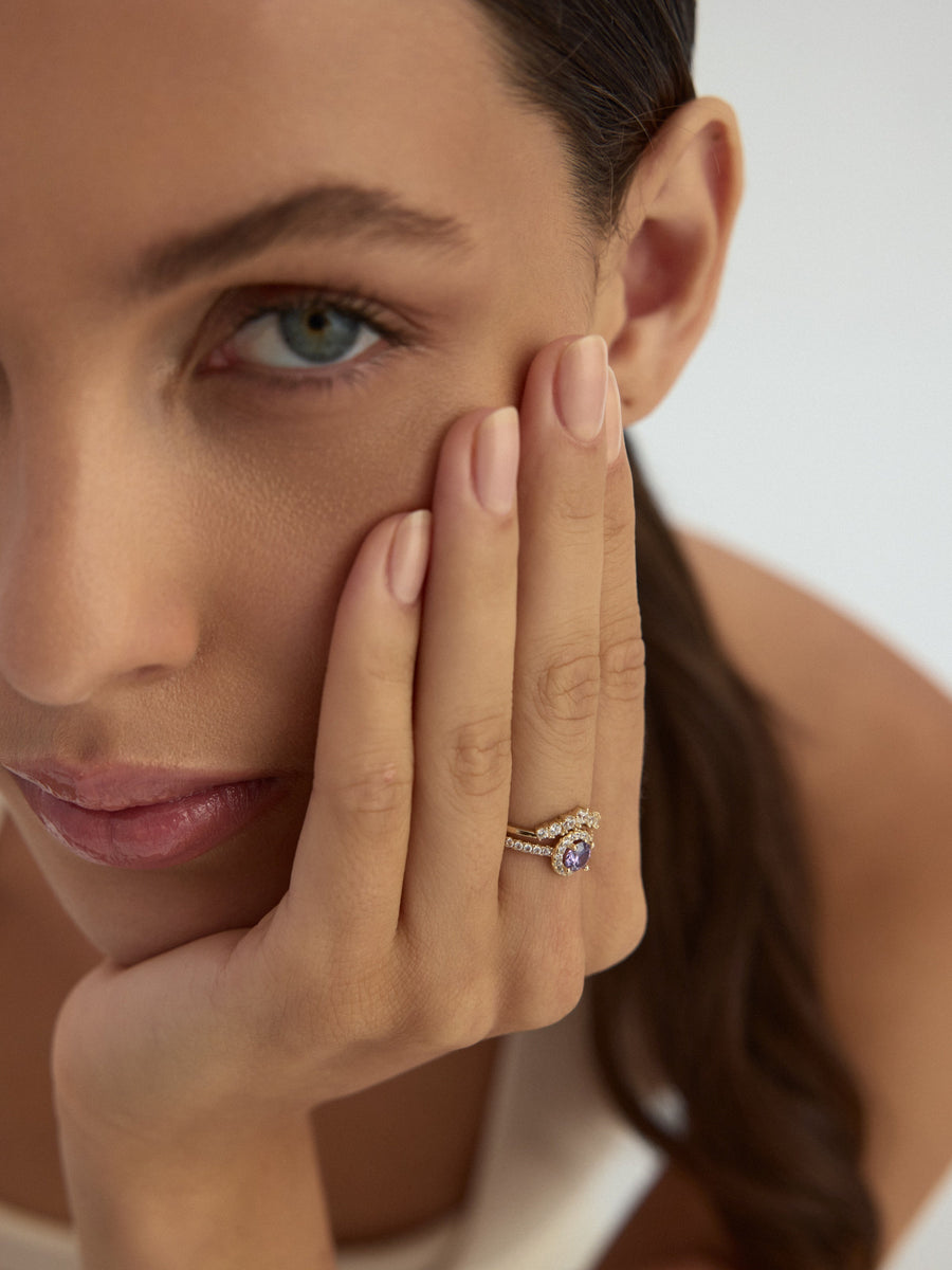 Purple Stone Halo Diamond-Inspired Ring in 14K Gold