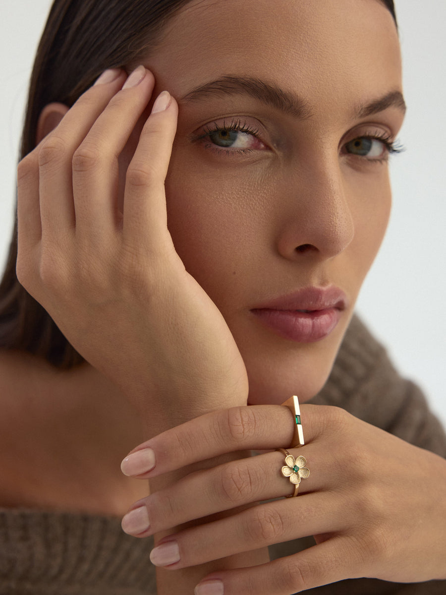 Baguette Green Stone Geometric Ring in 14K Gold