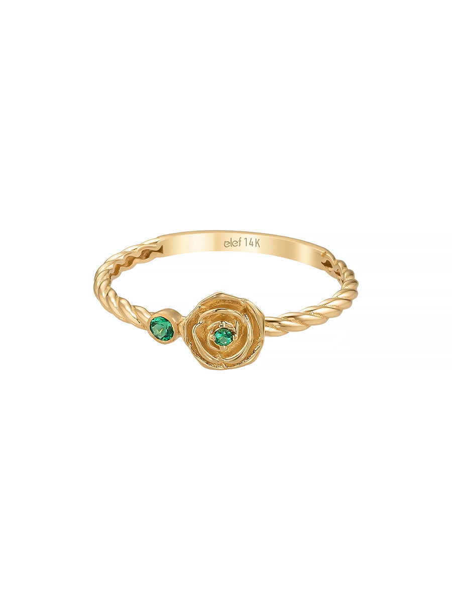 Green Stone Rose Motif Ring in 14K Gold