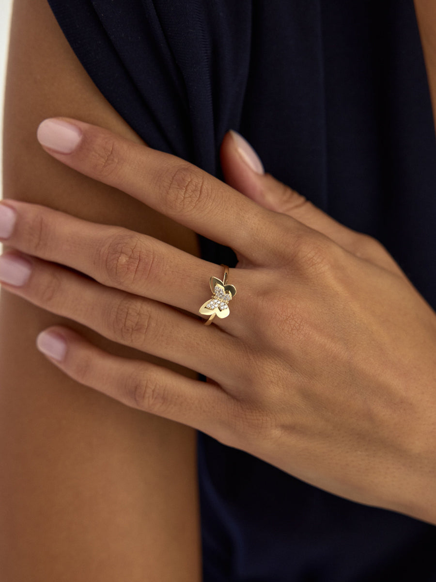 Butterfly Motif Parlak Ring in 14K Gold