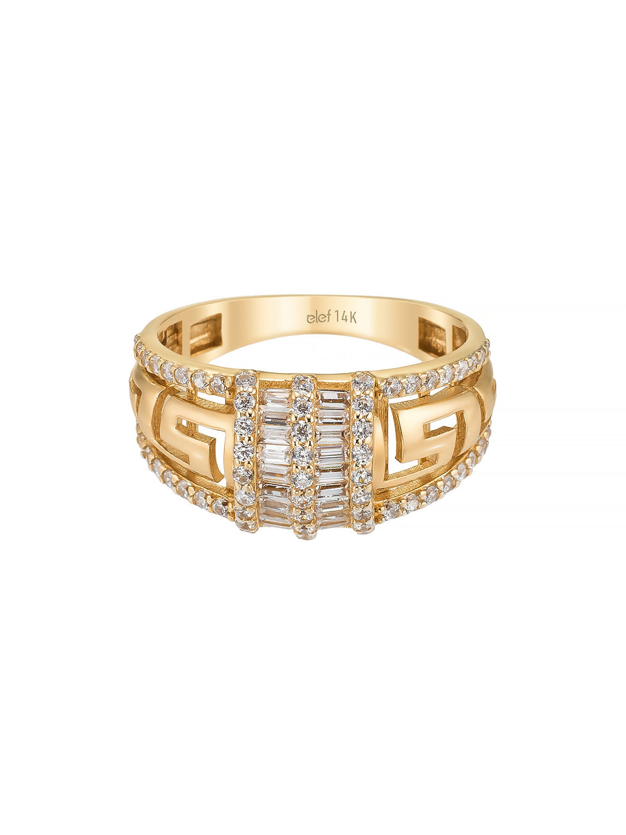 Baguette & Round-Cut Stone Geometric Ring in 14K Gold