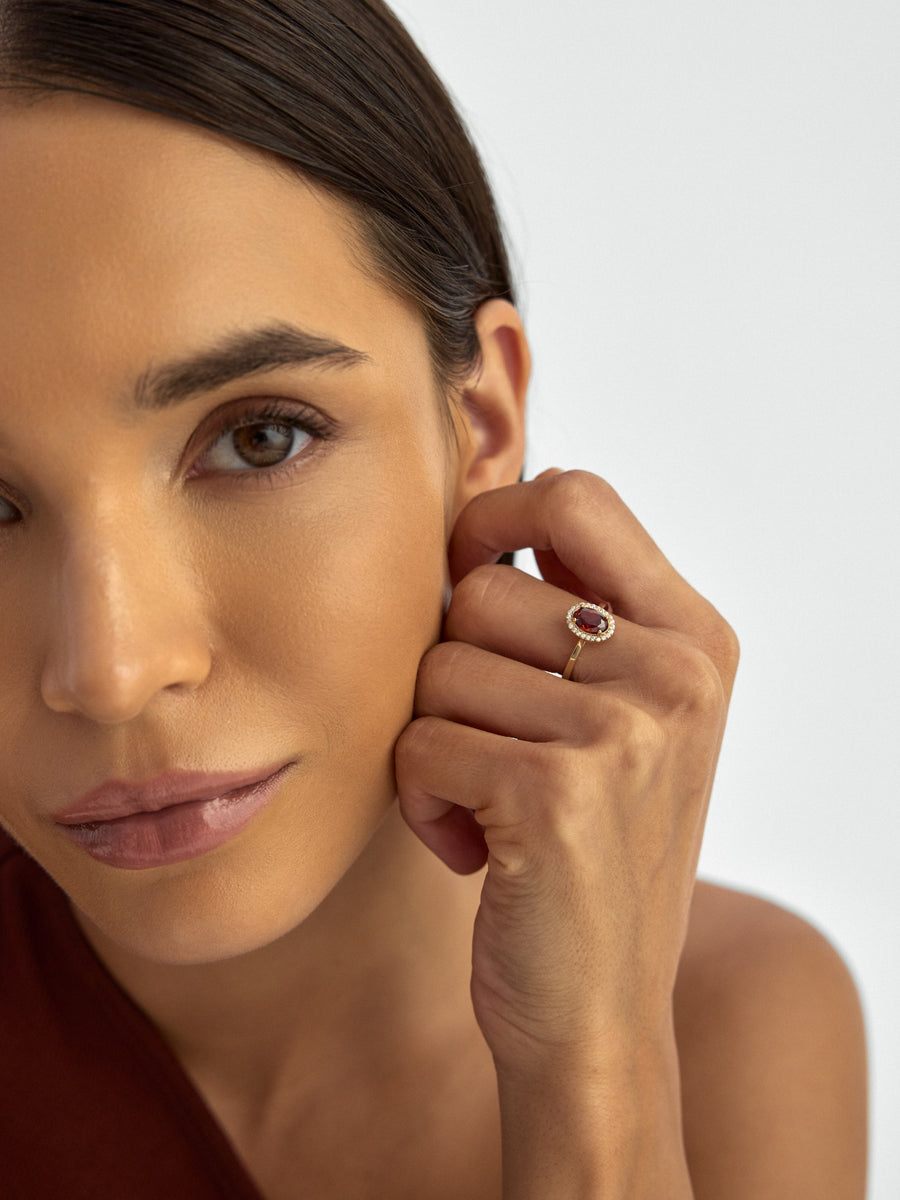 Oval Garnet Stone Halo Ring in 14K Gold