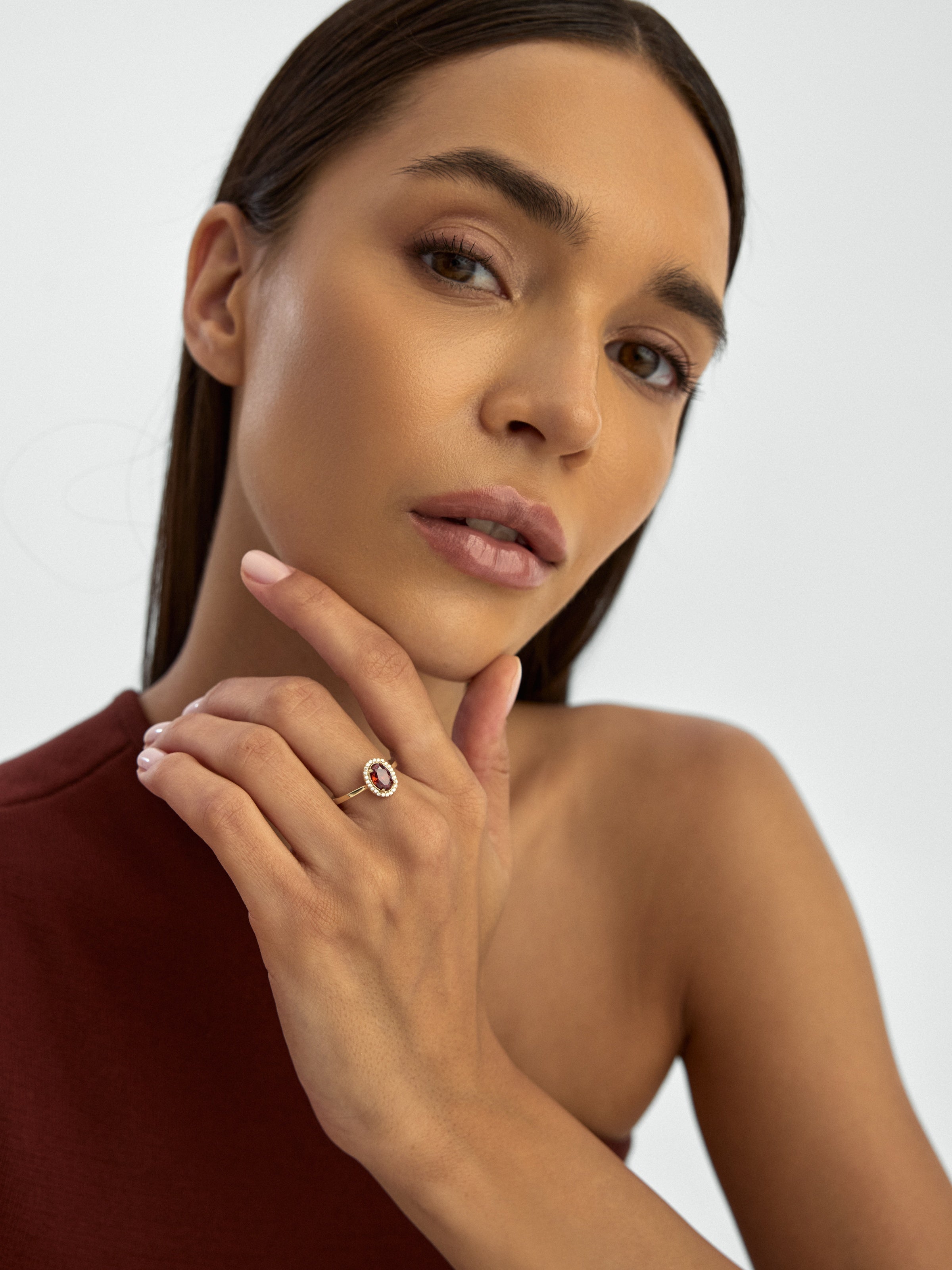 Oval Garnet Stone Halo Ring in 14K Gold