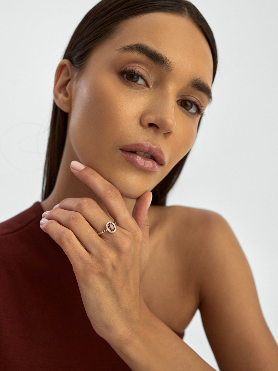 Oval Garnet Stone Halo Ring in 14K Gold