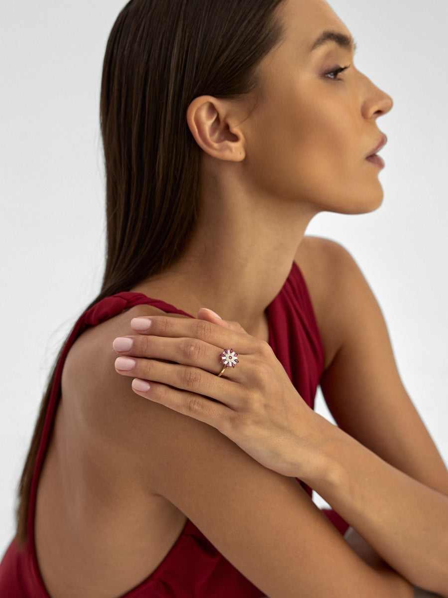 Flower Motif Baguette & Marquise Stone Ring in 14K Gold