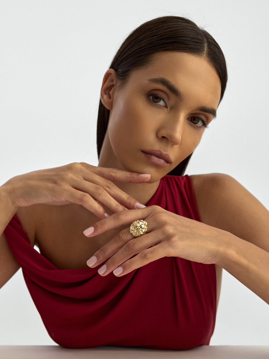 Lion Head Sculptural Form Ring in 14K Gold