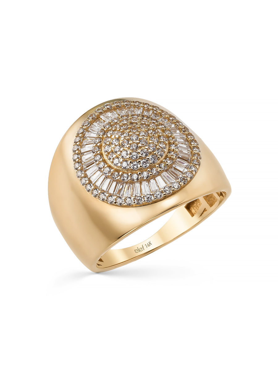 Baguette & Round-Cut Stone Wide Form Ring in 14K Gold
