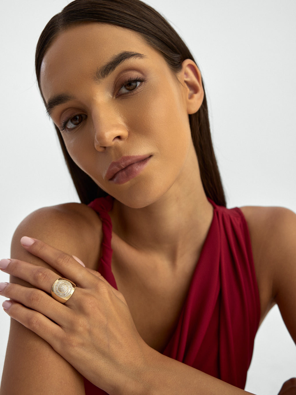 Baguette & Round-Cut Stone Wide Form Ring in 14K Gold