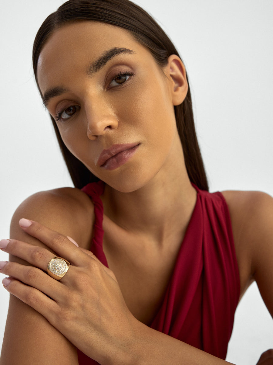 Baguette & Round-Cut Stone Wide Form Ring in 14K Gold