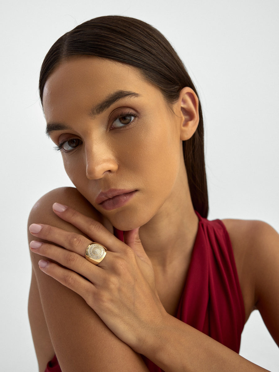 Baguette & Round-Cut Stone Wide Form Ring in 14K Gold