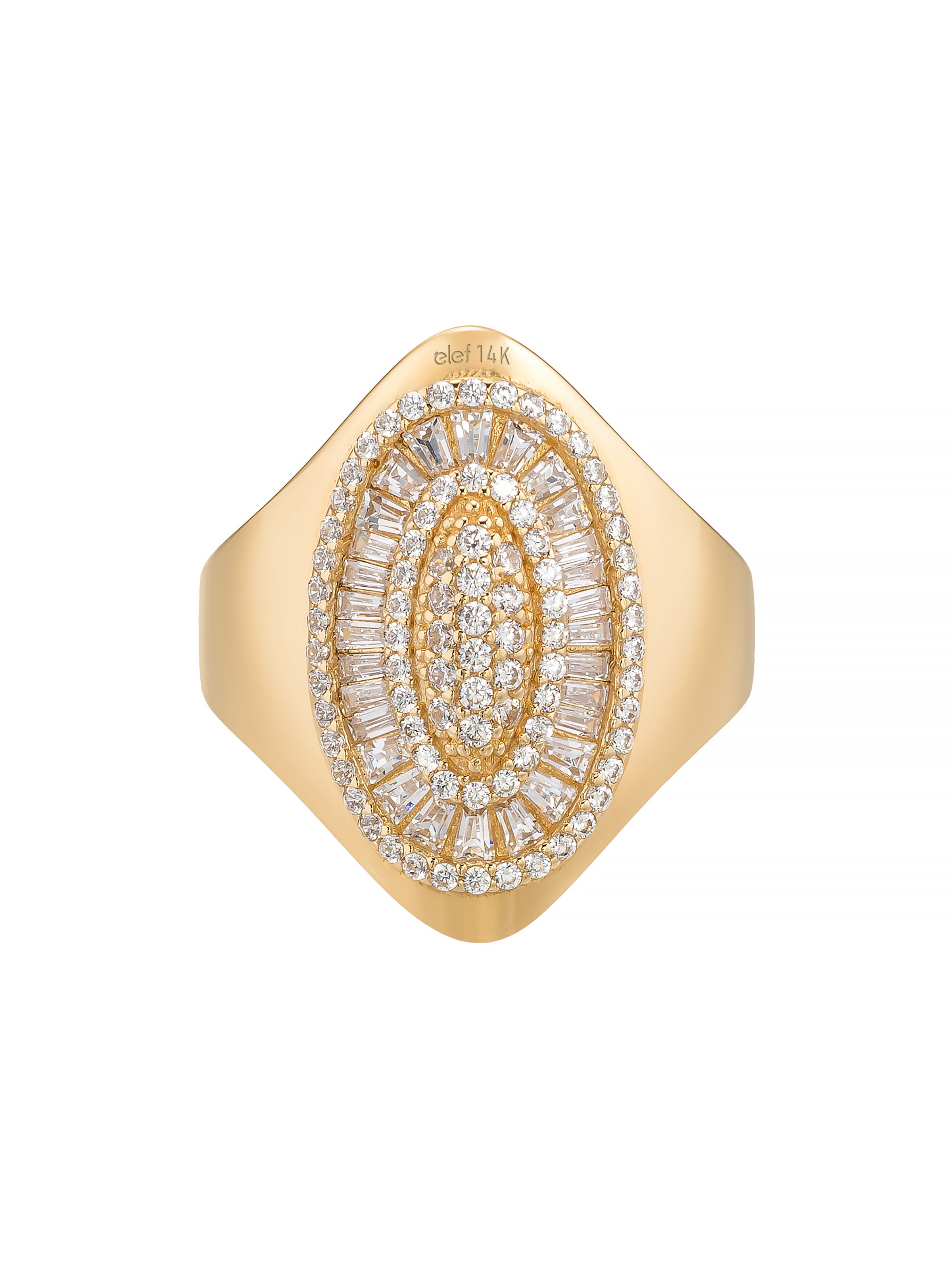 Baguette & Round-Cut Stone Oval Form Ring in 14K Gold