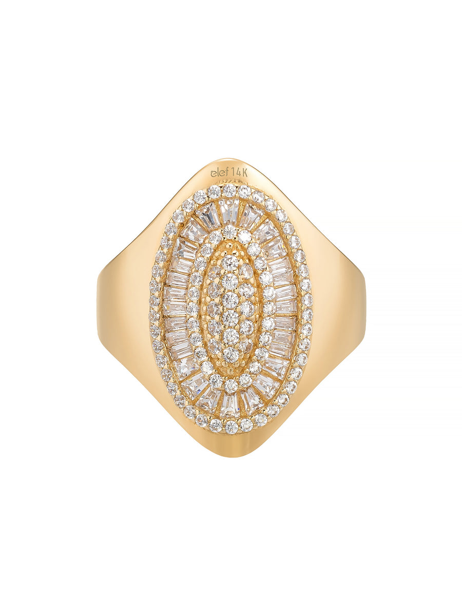Baguette & Round-Cut Stone Oval Form Ring in 14K Gold