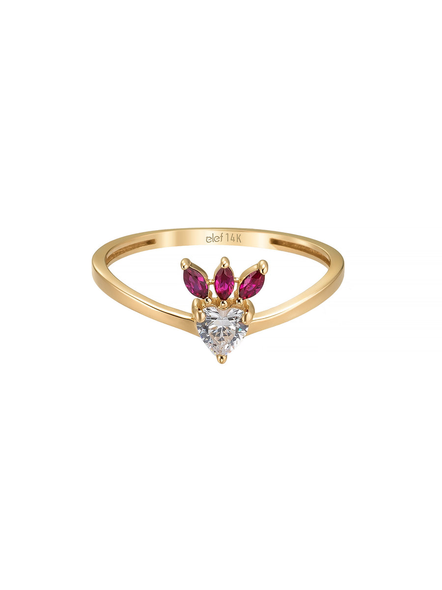 Heart Cut & Ruby-Inspired Stone Ring in 14K Gold