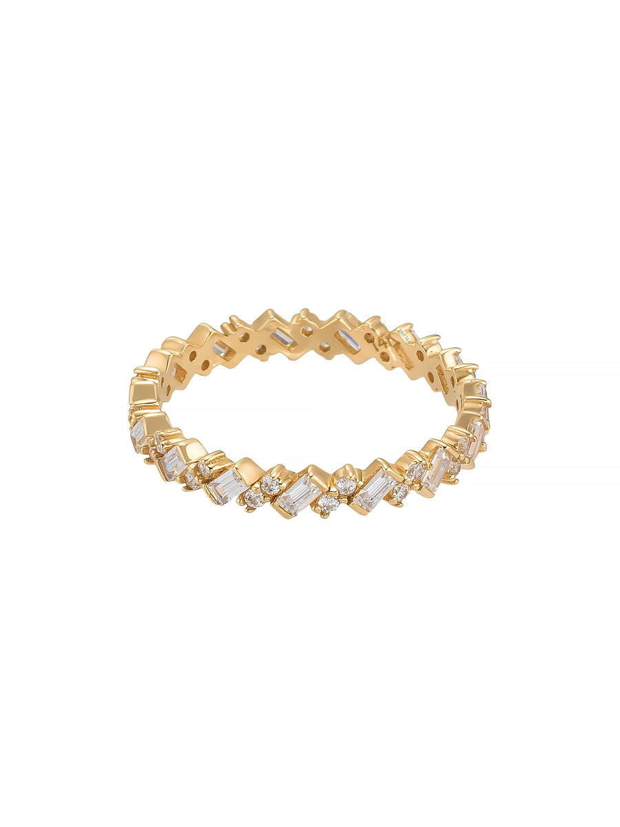 Baguette & Round-Cut Stone Geometric Ring in 14K Gold