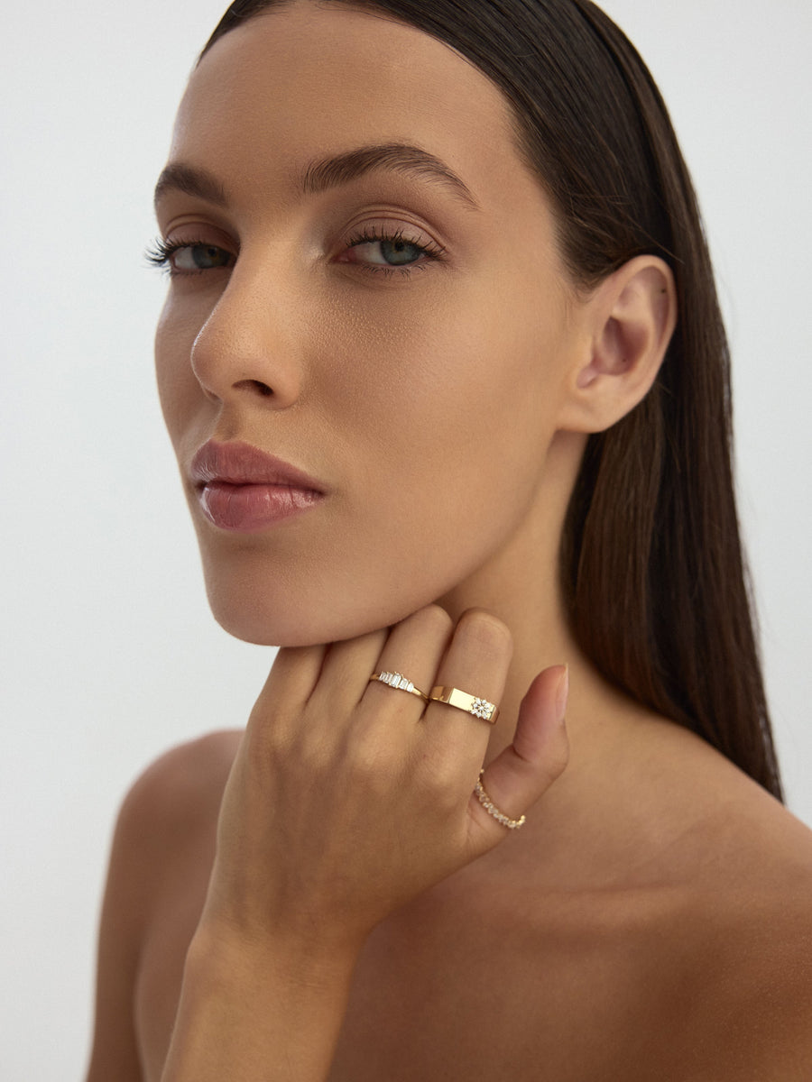 Baguette & Round-Cut Stone Geometric Ring in 14K Gold