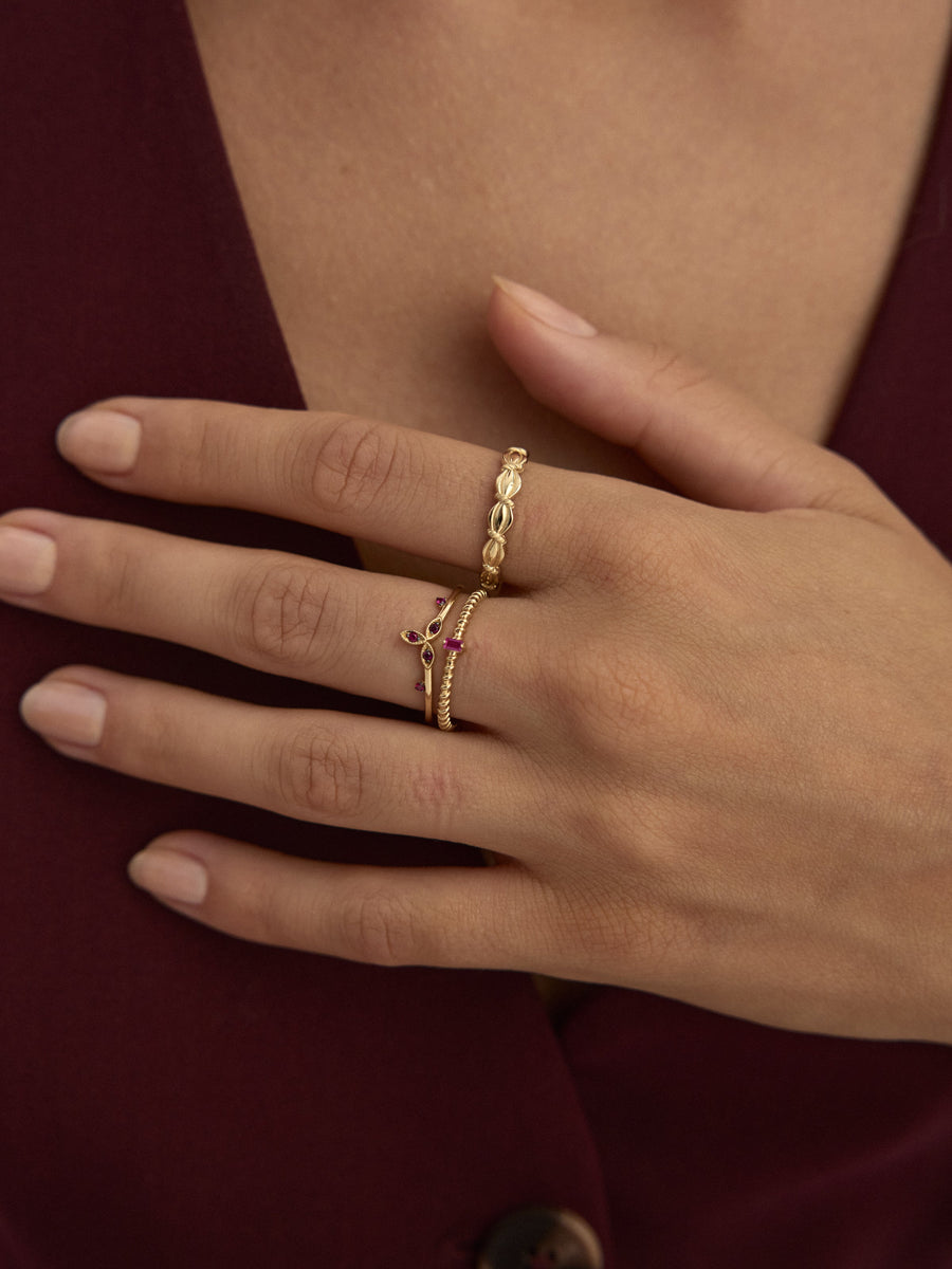 Baguette Ruby-Inspired Stone Braided Form Ring in 14K Gold
